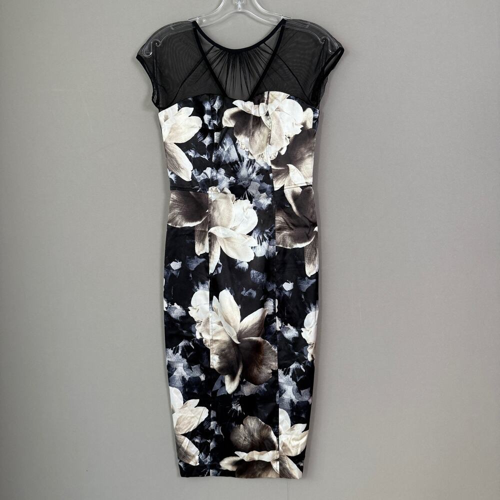 Maggy London sz 2 cream black floral pencil midi dress